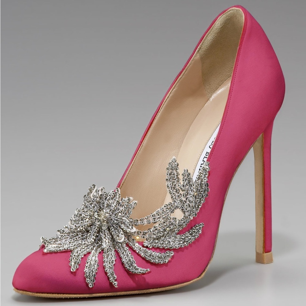 Manolo Blahnik Swan Embellished Satin Pump Heels Silver Sequin Hot Pink Fuschia - Picture 2 of 11